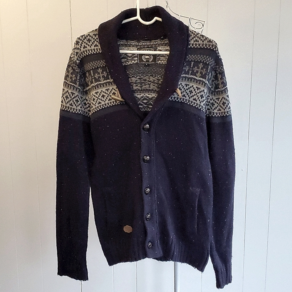 Buffalo David Bitton Button Down Knit V-Neck Sweater Navy Blue Sz S